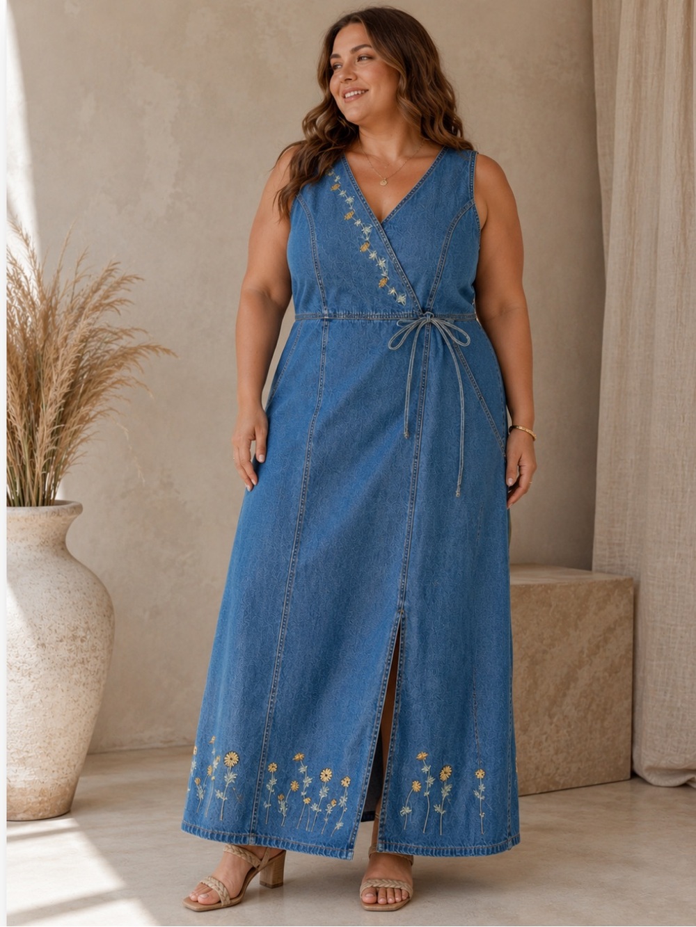 Embroidered Denim Maxi Dress 1X Cottagecore Daisy Floral Y2K Western Prairie